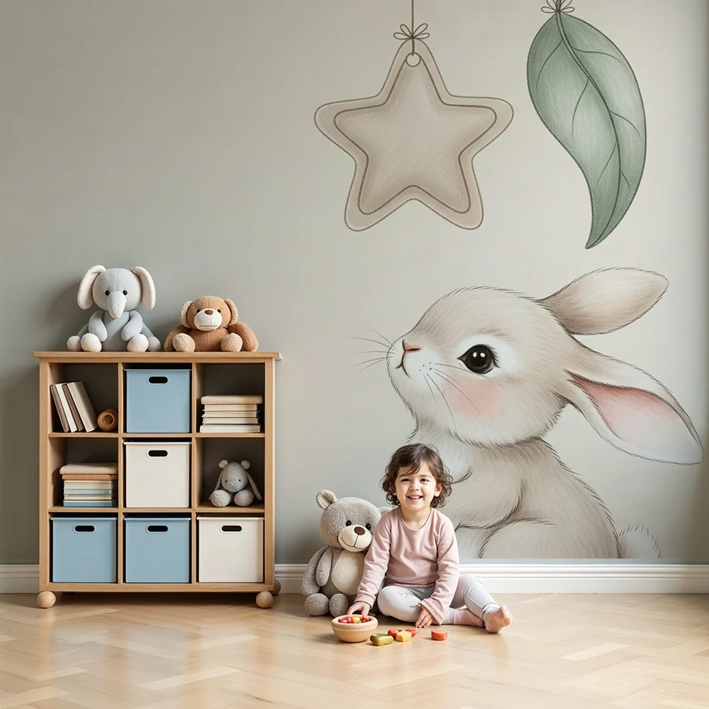 Nursery room wallpaper | Kis nyuszi és lógó csillagok