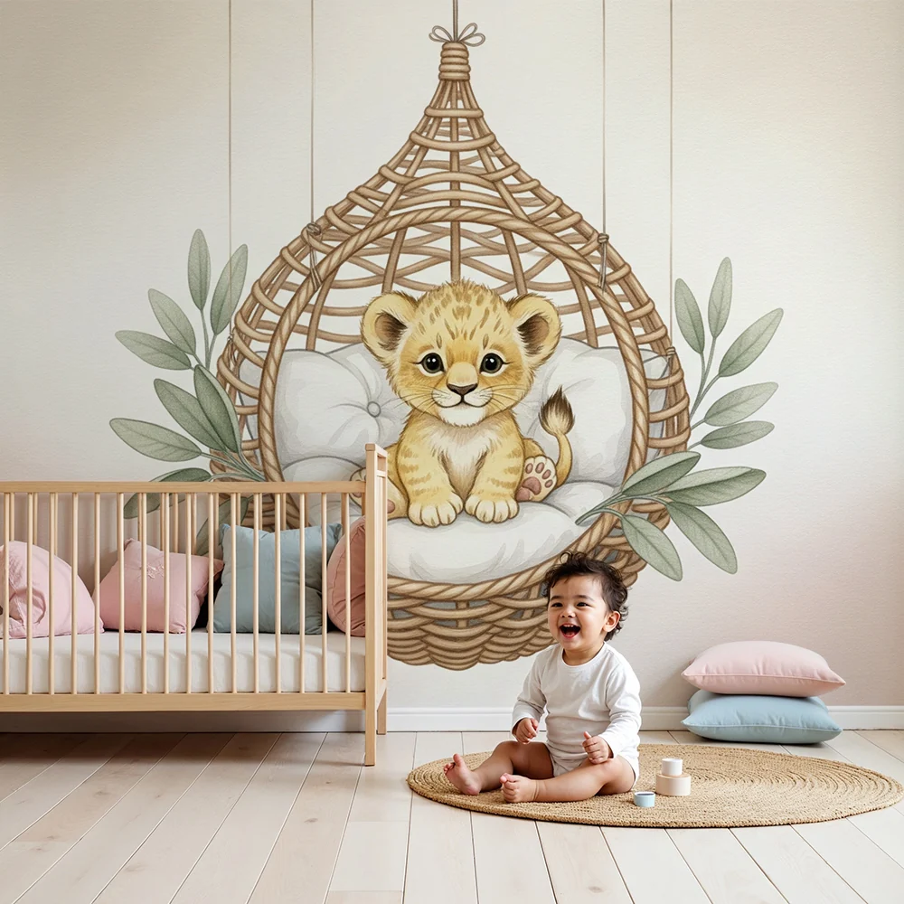 Nursery room wallpaper | Kis oroszlán egy függő kosárban