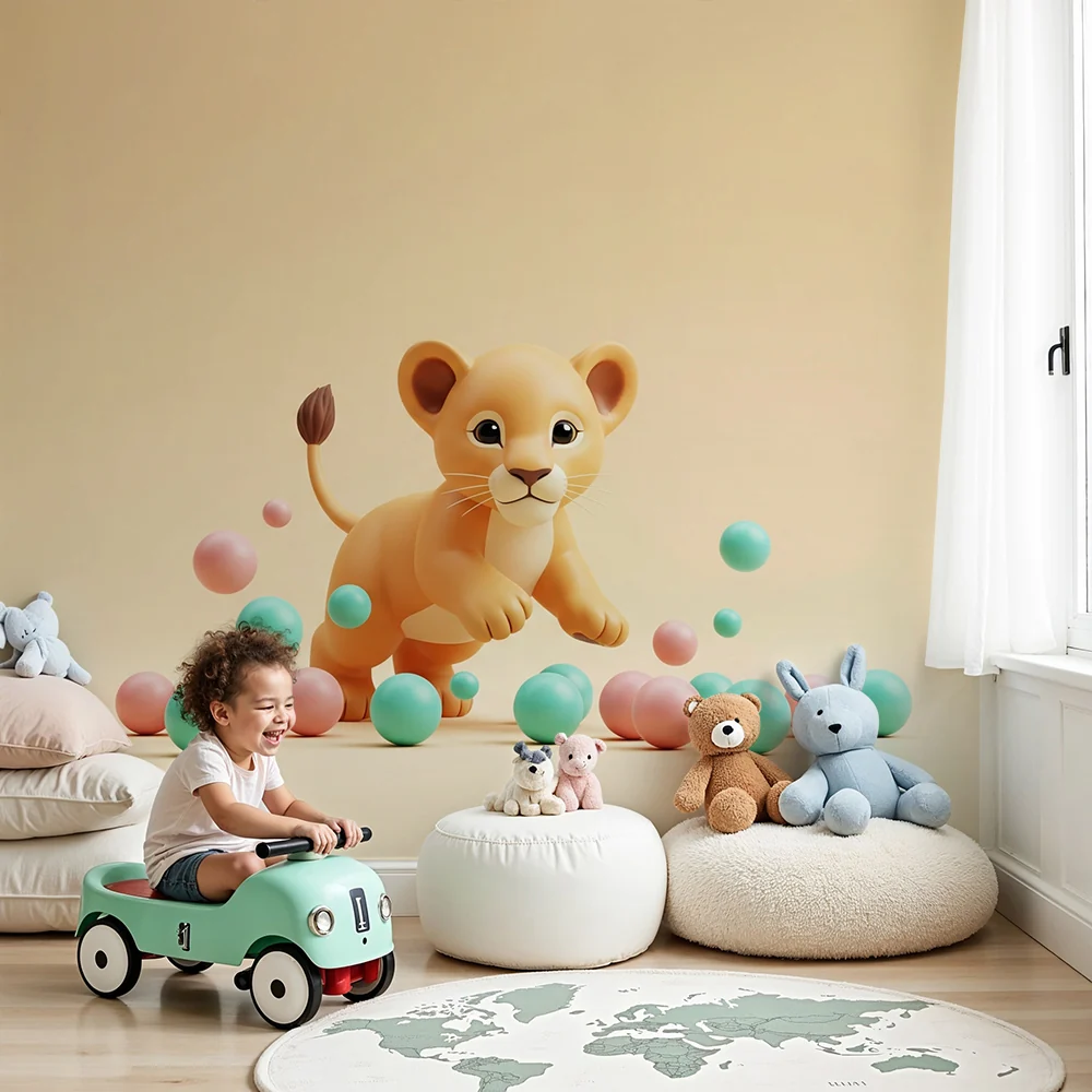 Nursery room wallpaper | Kis oroszlán játszik színes labdák között