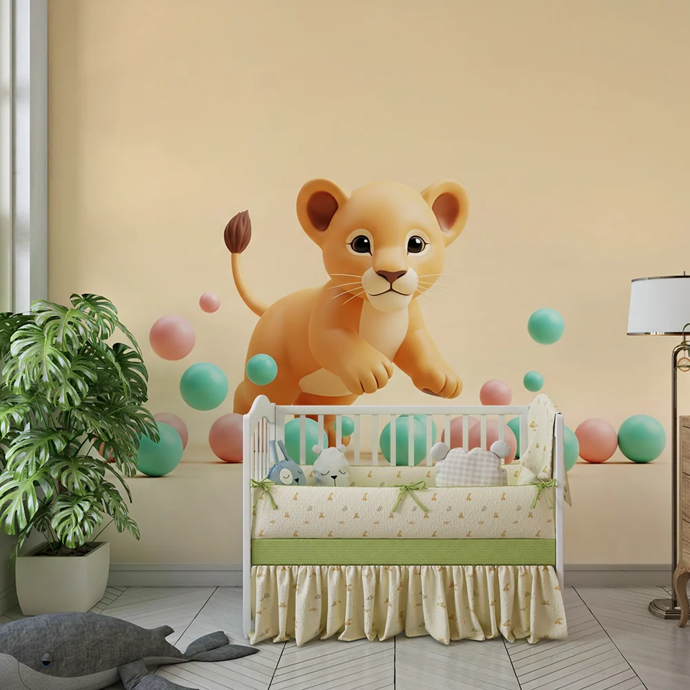 Nursery room wallpaper | Kis oroszlán játszik színes labdák között