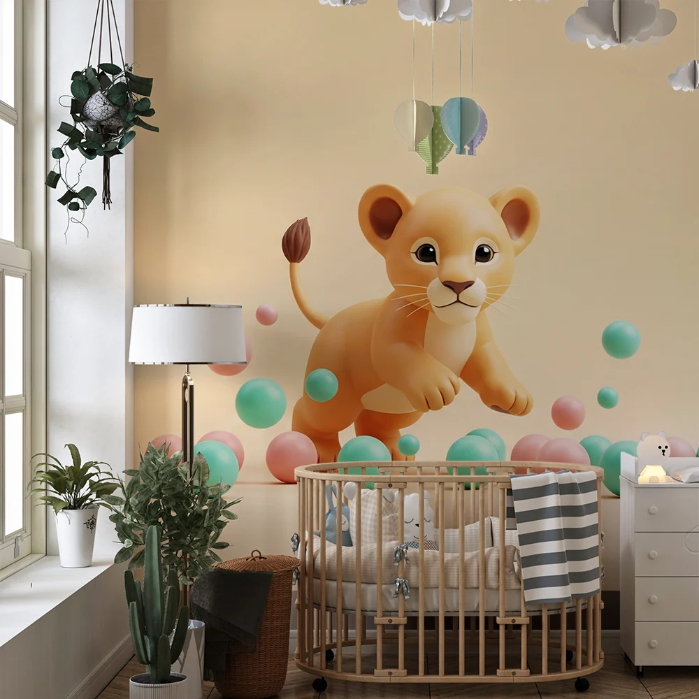 Nursery room wallpaper | Kis oroszlán játszik színes labdák között