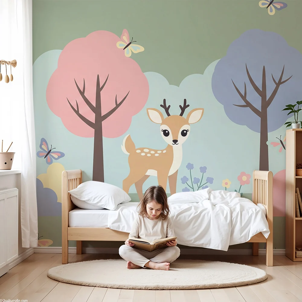 Nursery room wallpaper | Kis szarvas egy színes és virágzó táj közepén
