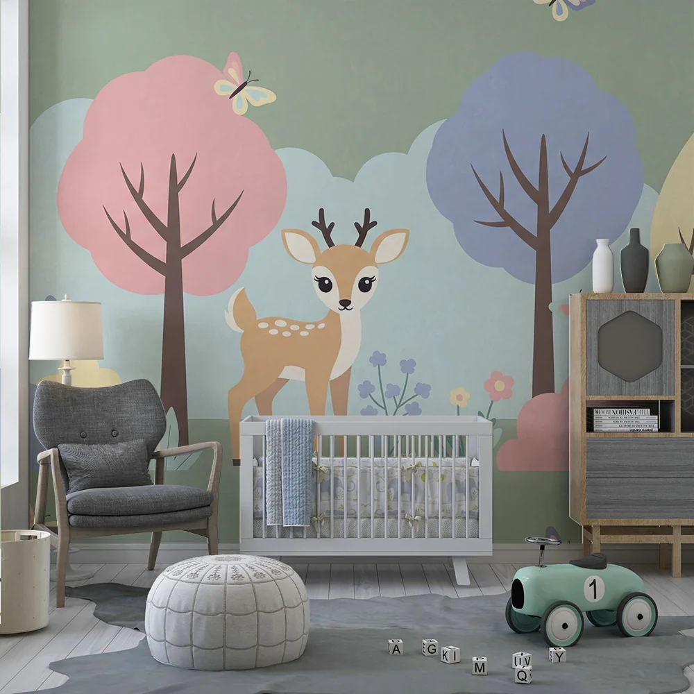 Nursery room wallpaper | Kis szarvas egy színes és virágzó táj közepén