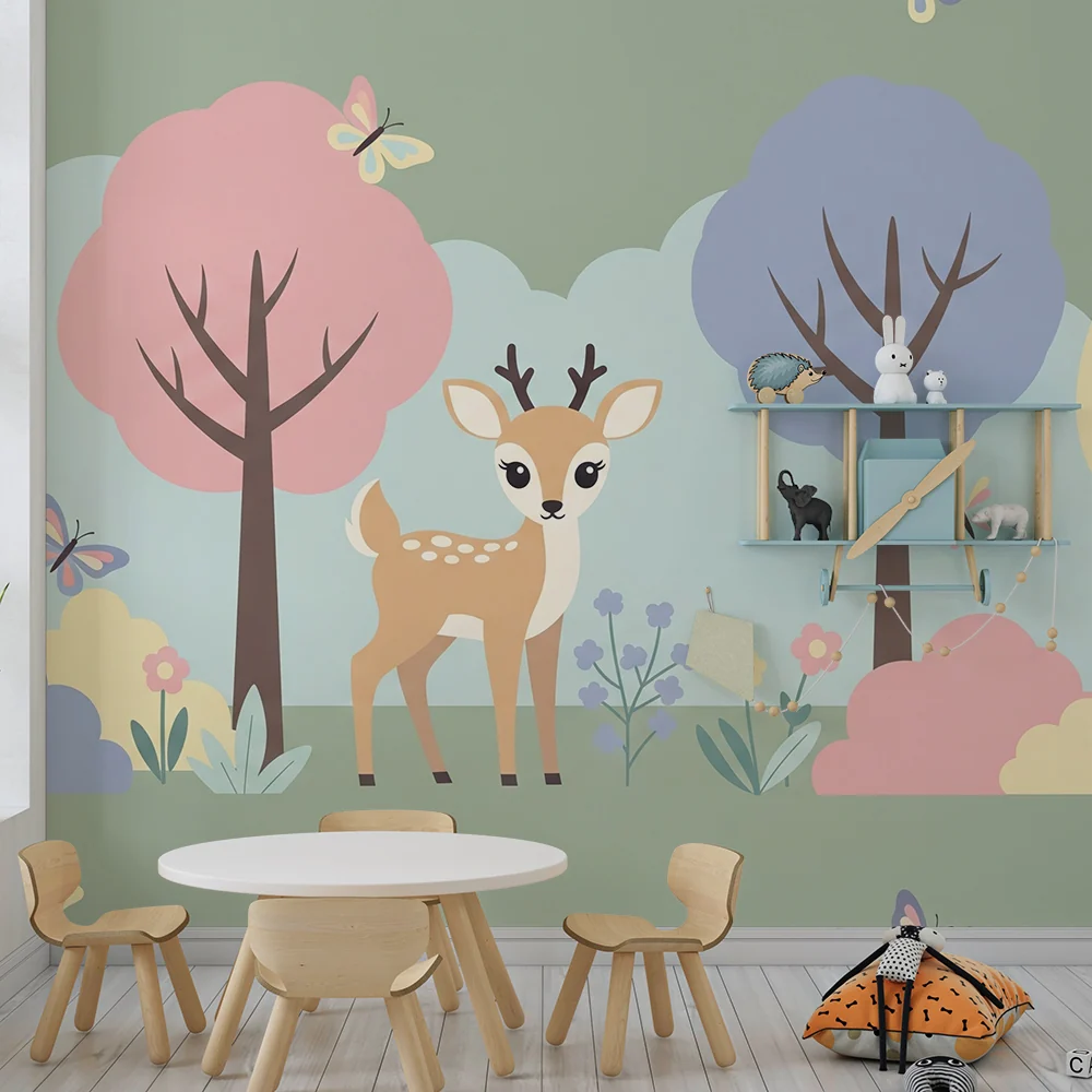 Nursery room wallpaper | Kis szarvas egy színes és virágzó táj közepén