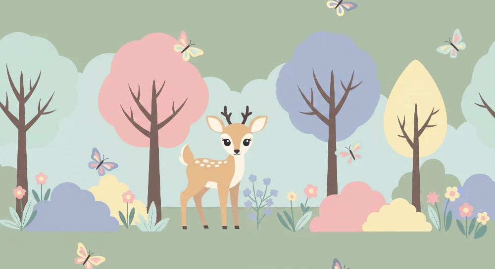 Nursery room wallpaper | Kis szarvas egy színes és virágzó táj közepén