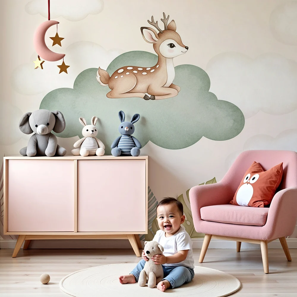 Nursery room wallpaper | Kis szarvas egy felhőn