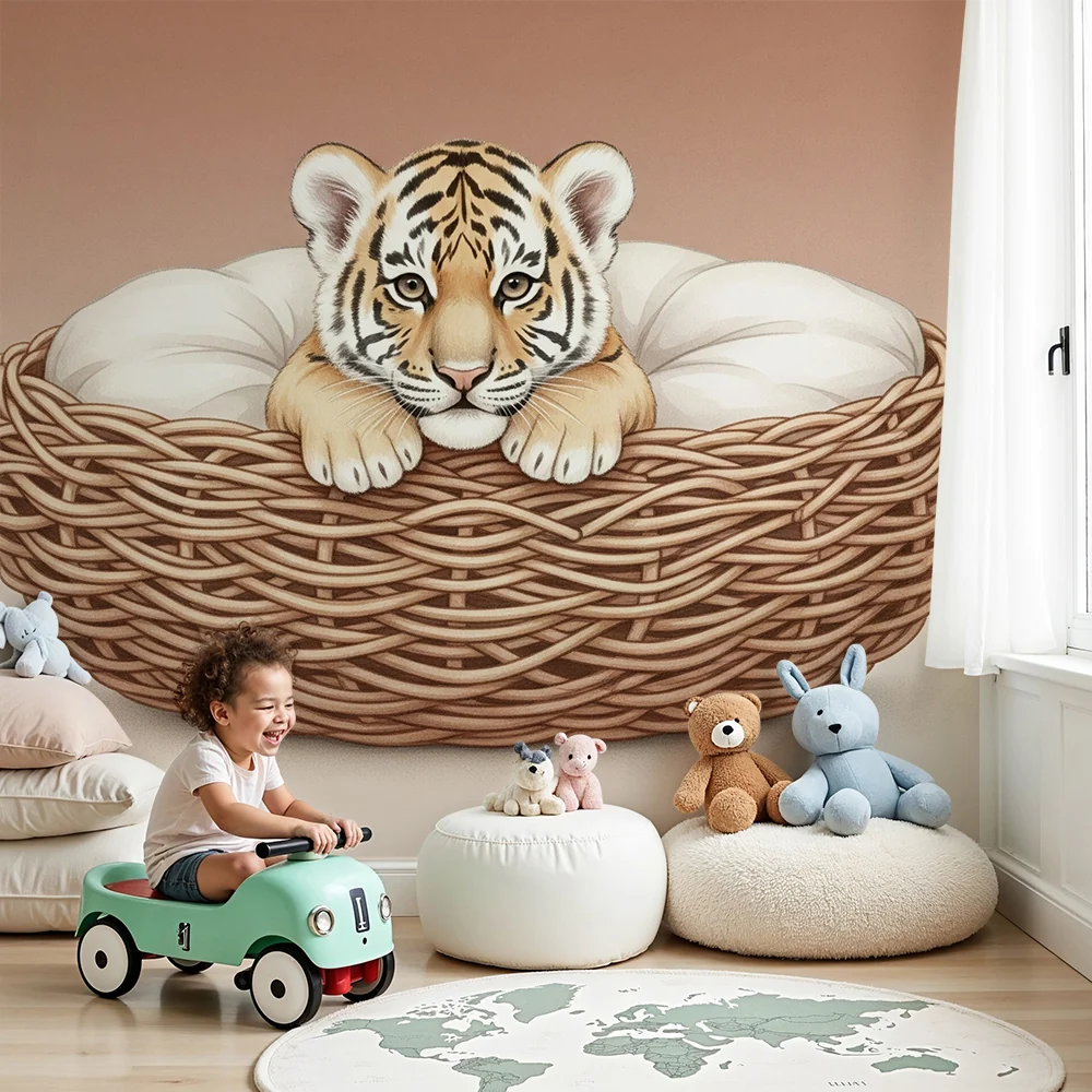 Nursery room wallpaper | Kis tigris meleg fészkében terrakotta hátterű