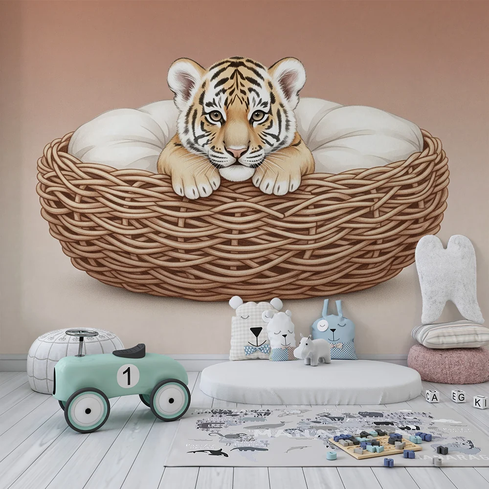 Nursery room wallpaper | Kis tigris meleg fészkében terrakotta hátterű
