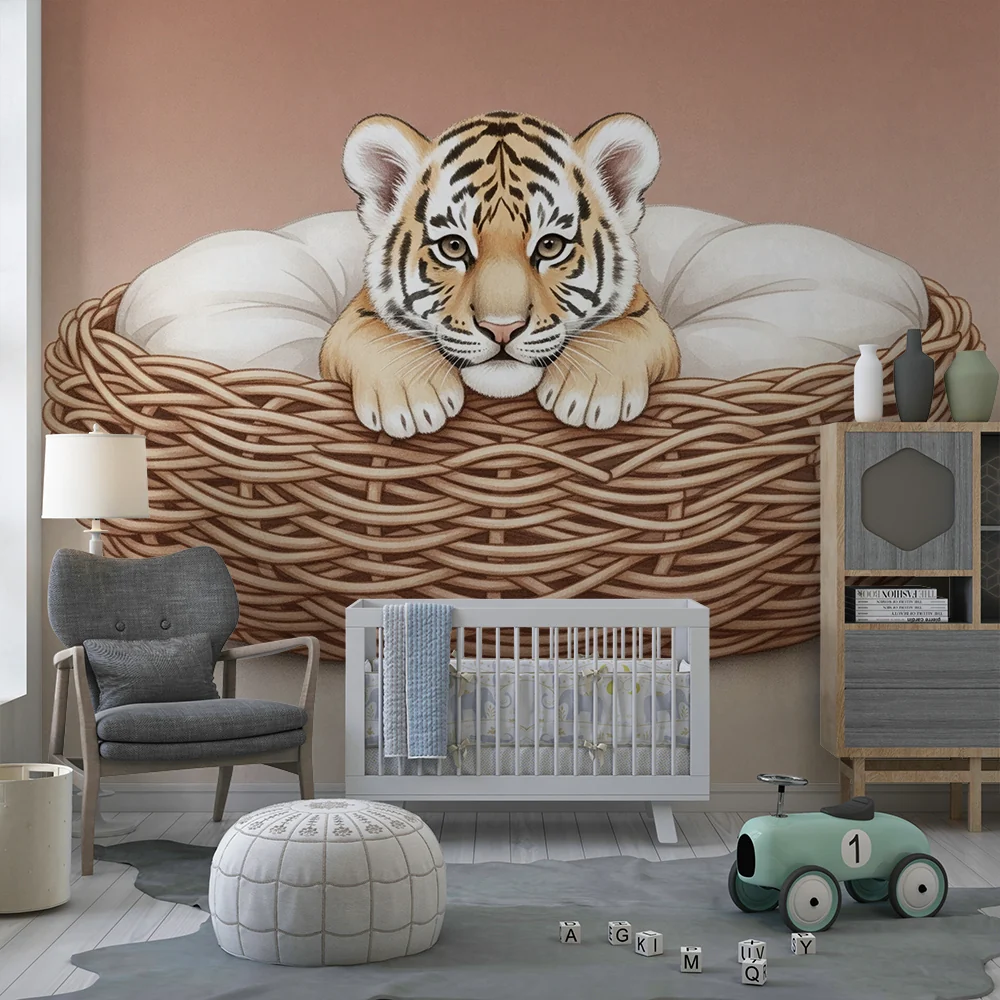 Nursery room wallpaper | Kis tigris meleg fészkében terrakotta hátterű
