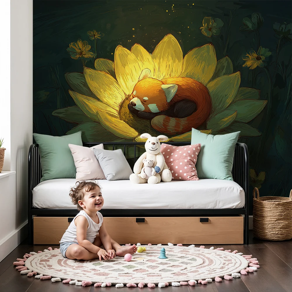Nursery room wallpaper | Kis vörös panda aludt egy fényes virágban
