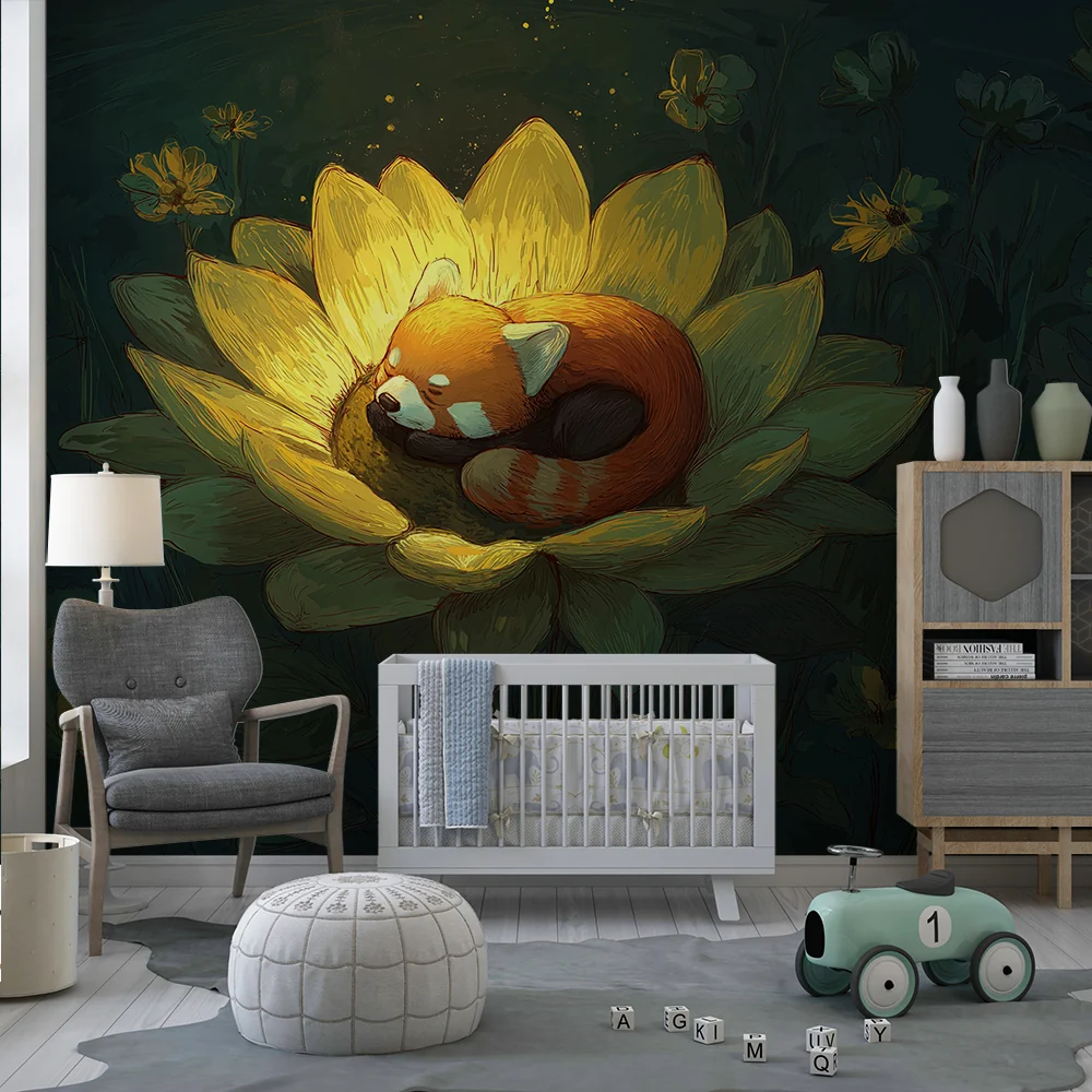 Nursery room wallpaper | Kis vörös panda aludt egy fényes virágban