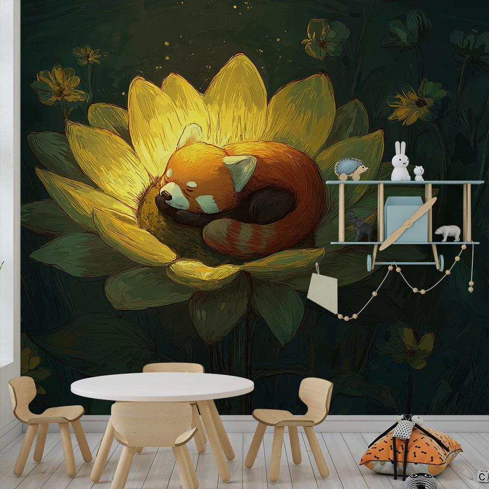 Nursery room wallpaper | Kis vörös panda aludt egy fényes virágban