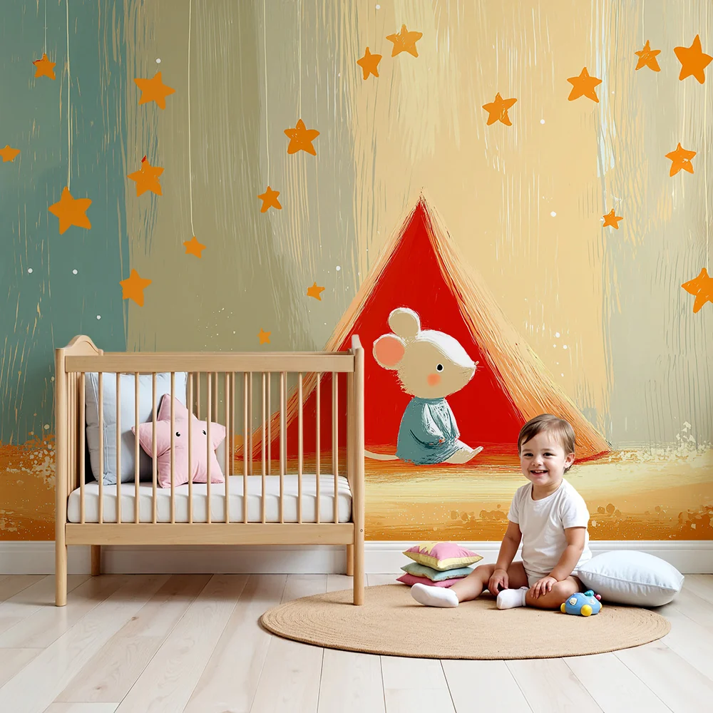 Nursery room wallpaper | Kisegér az ég alatt egy piros sátorban