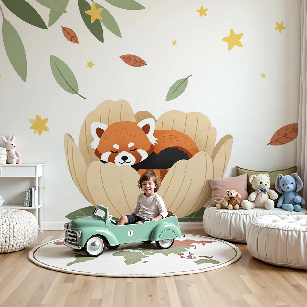 Nursery room wallpaper | Kismackó aludt egy virágban