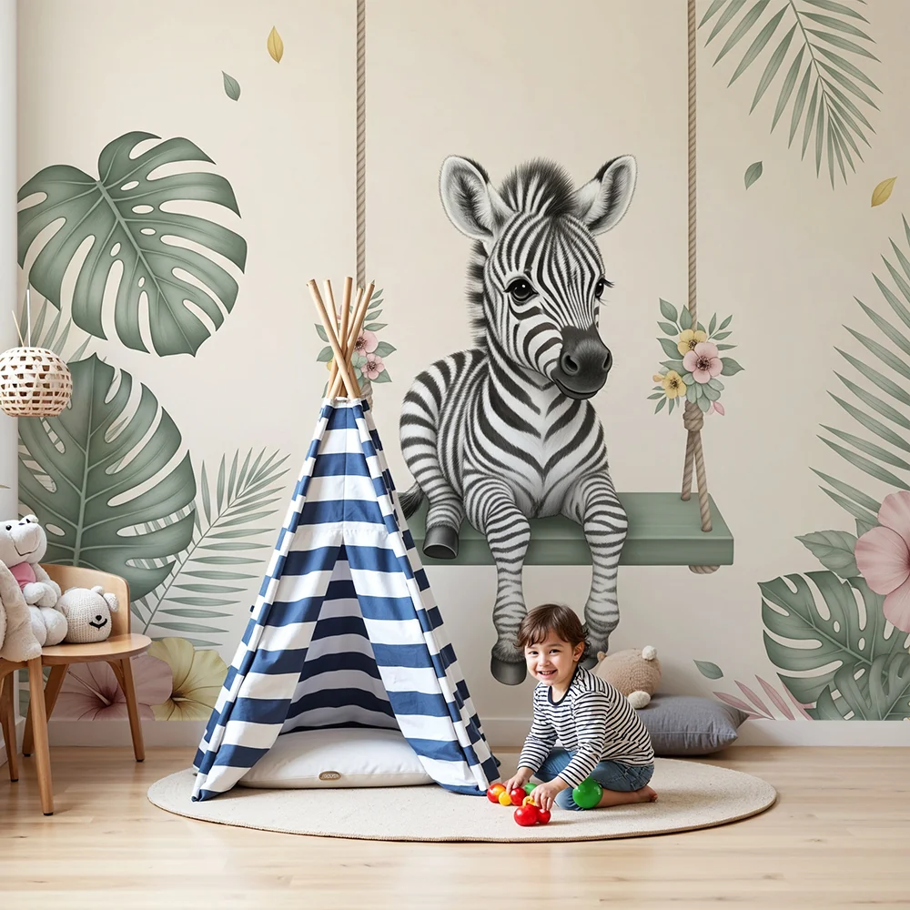 Nursery room wallpaper | Kismalac hintázó kiszebrával trópusi díszletben
