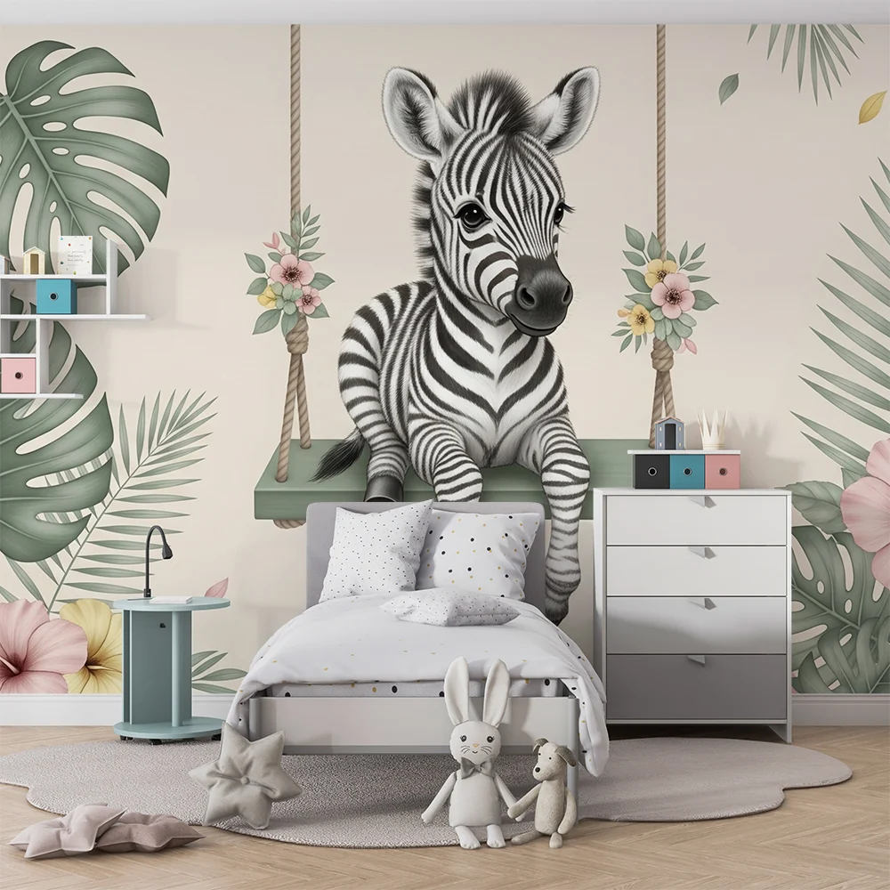 Nursery room wallpaper | Kismalac hintázó kiszebrával trópusi díszletben