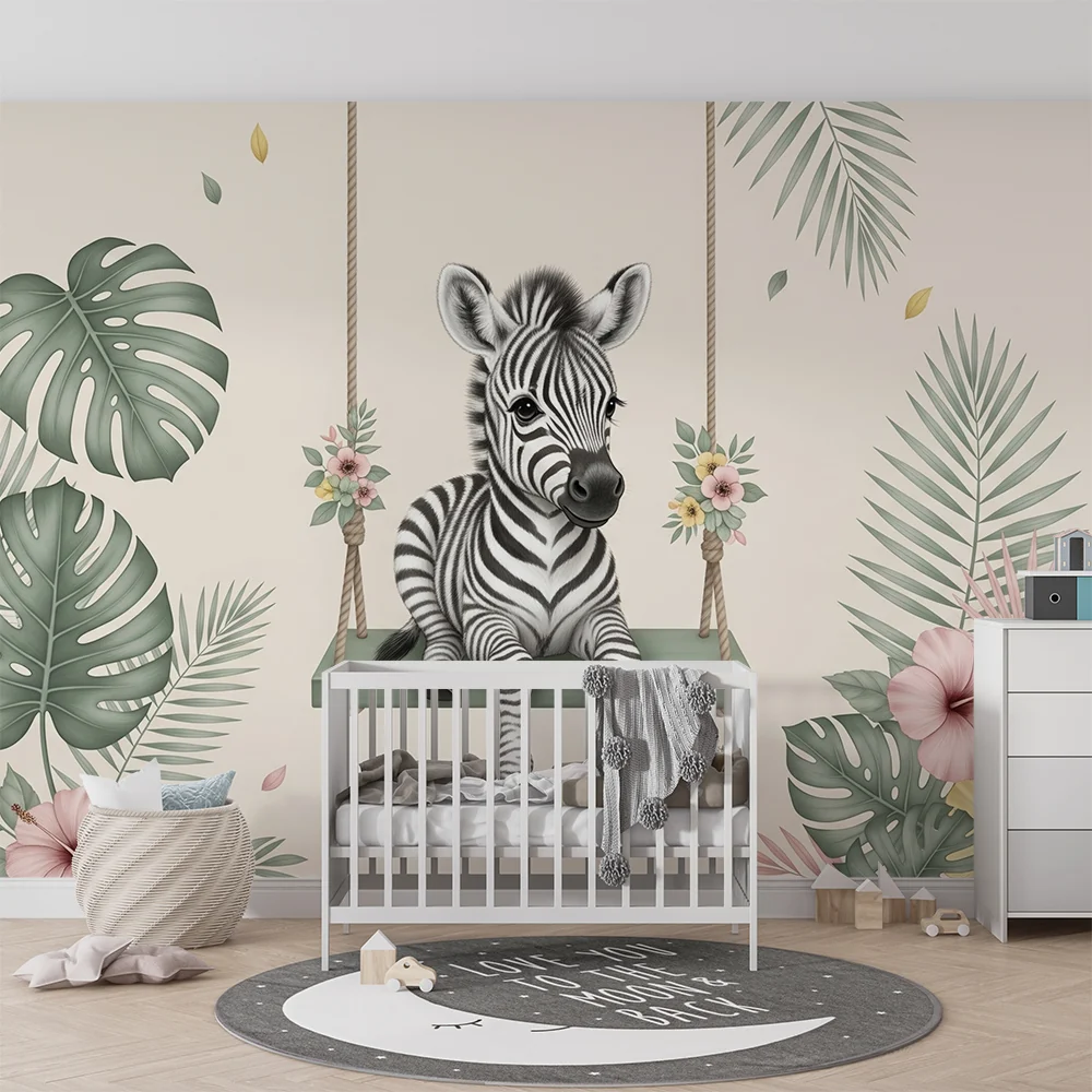 Nursery room wallpaper | Kismalac hintázó kiszebrával trópusi díszletben