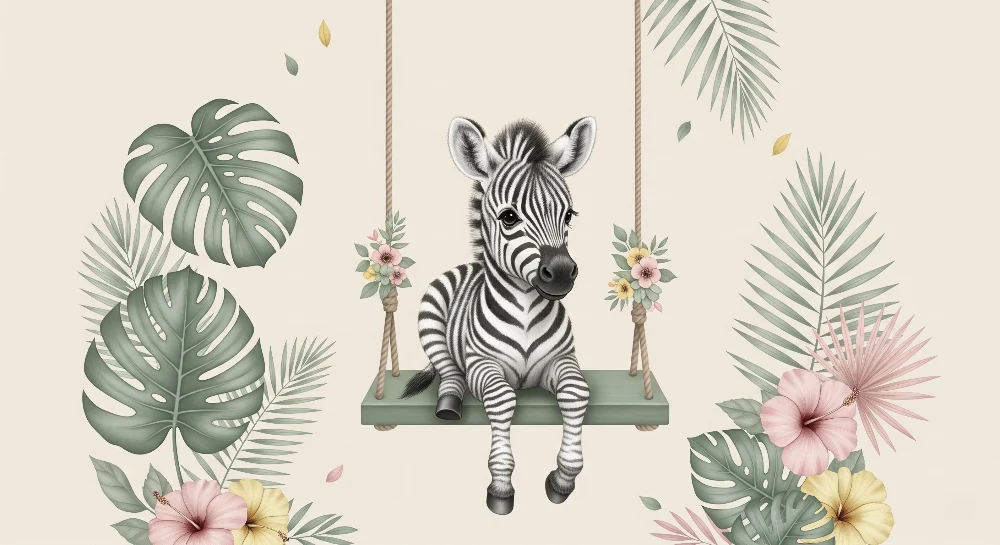 Nursery room wallpaper | Kismalac hintázó kiszebrával trópusi díszletben