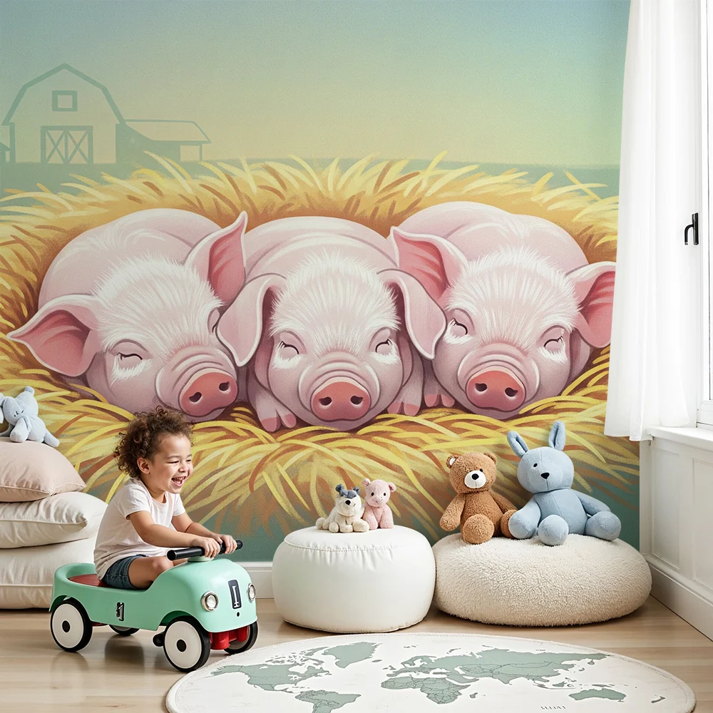 Nursery room wallpaper | Kismalacok alvók egy szalmakupacban