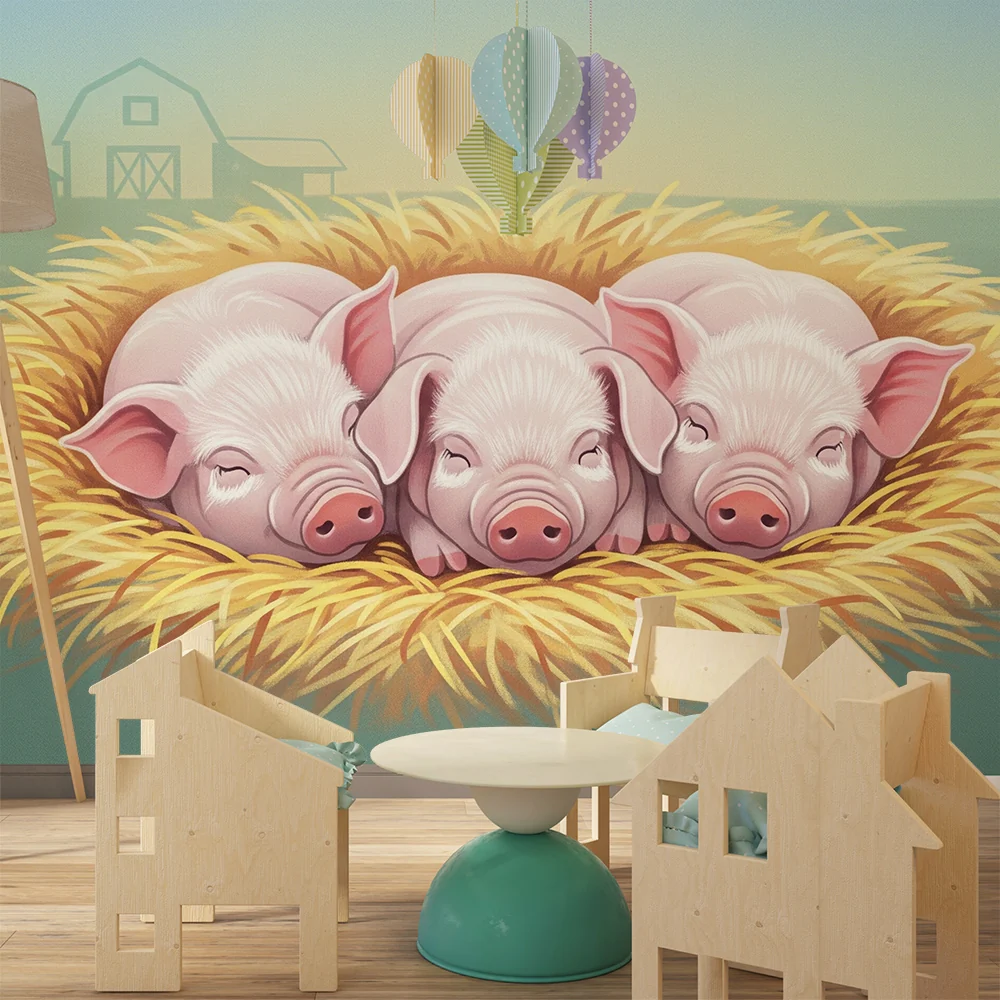 Nursery room wallpaper | Kismalacok alvók egy szalmakupacban