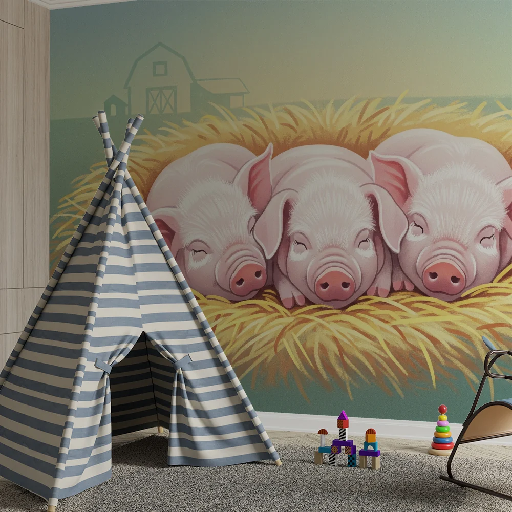 Nursery room wallpaper | Kismalacok alvók egy szalmakupacban