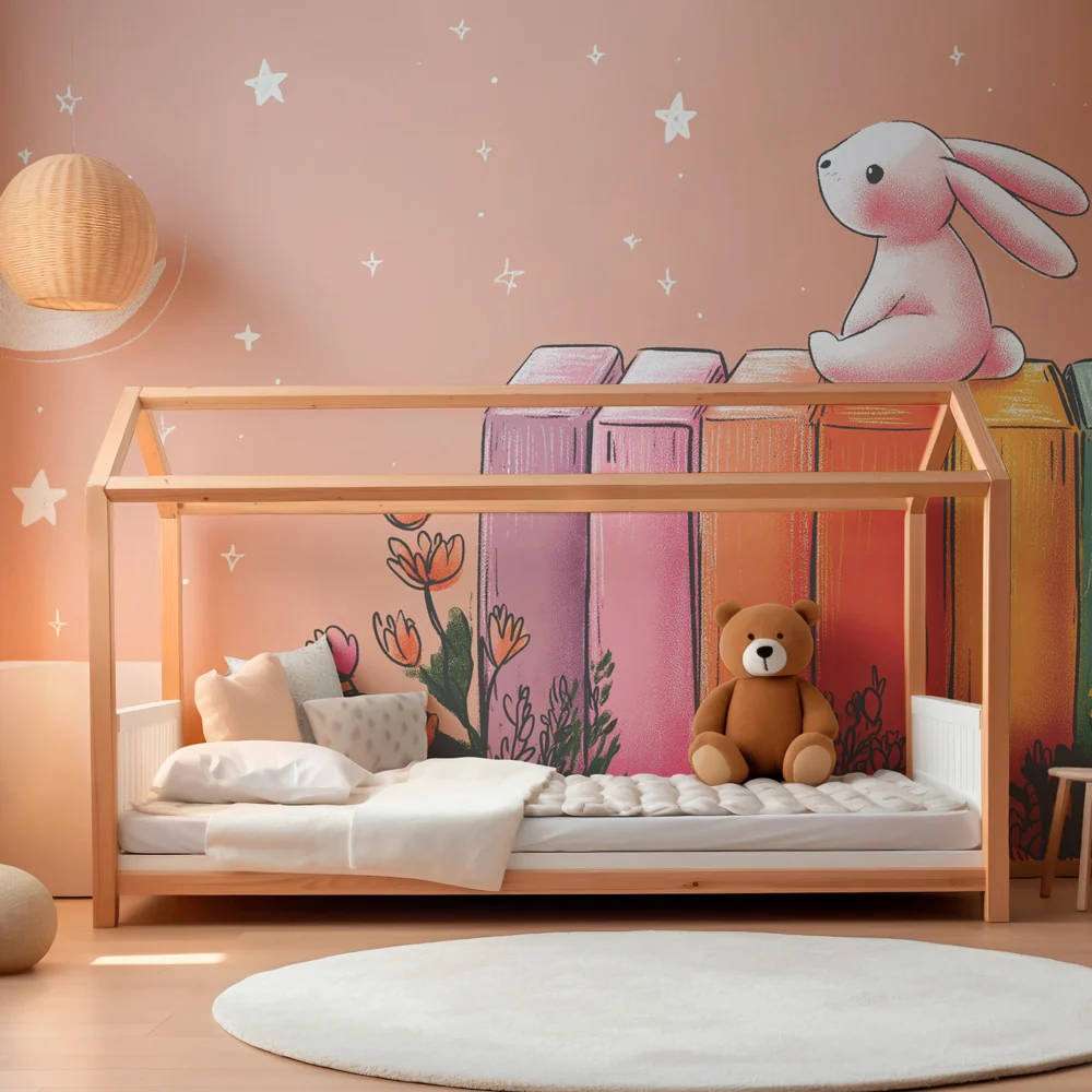 Nursery room wallpaper | Kisnyuszi és színes polc