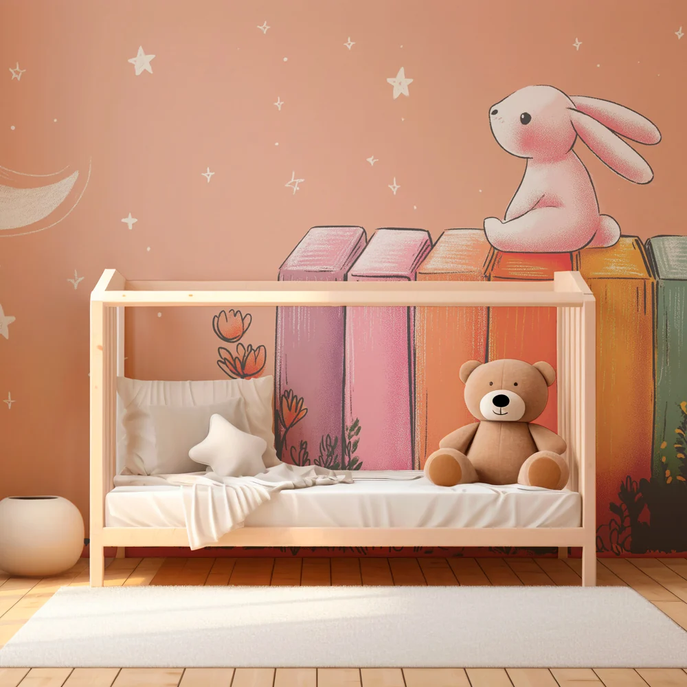 Nursery room wallpaper | Kisnyuszi és színes polc