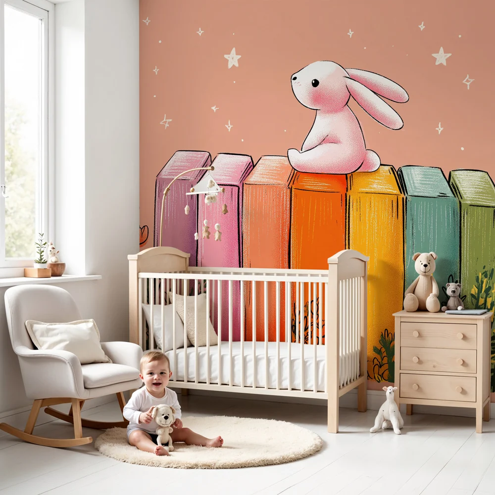 Nursery room wallpaper | Kisnyuszi és színes polc
