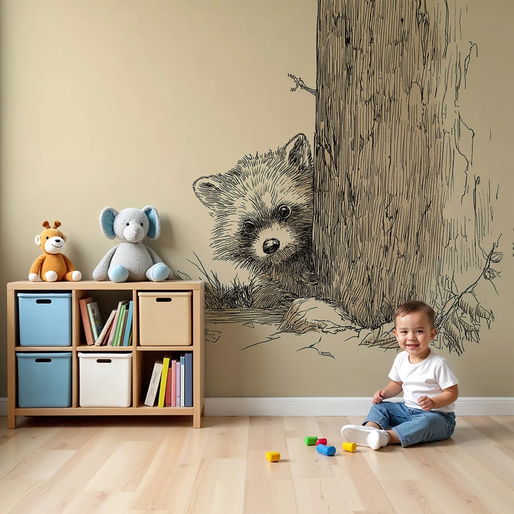 Nursery room wallpaper | Kíváncsi kis medve az egy fa mögött