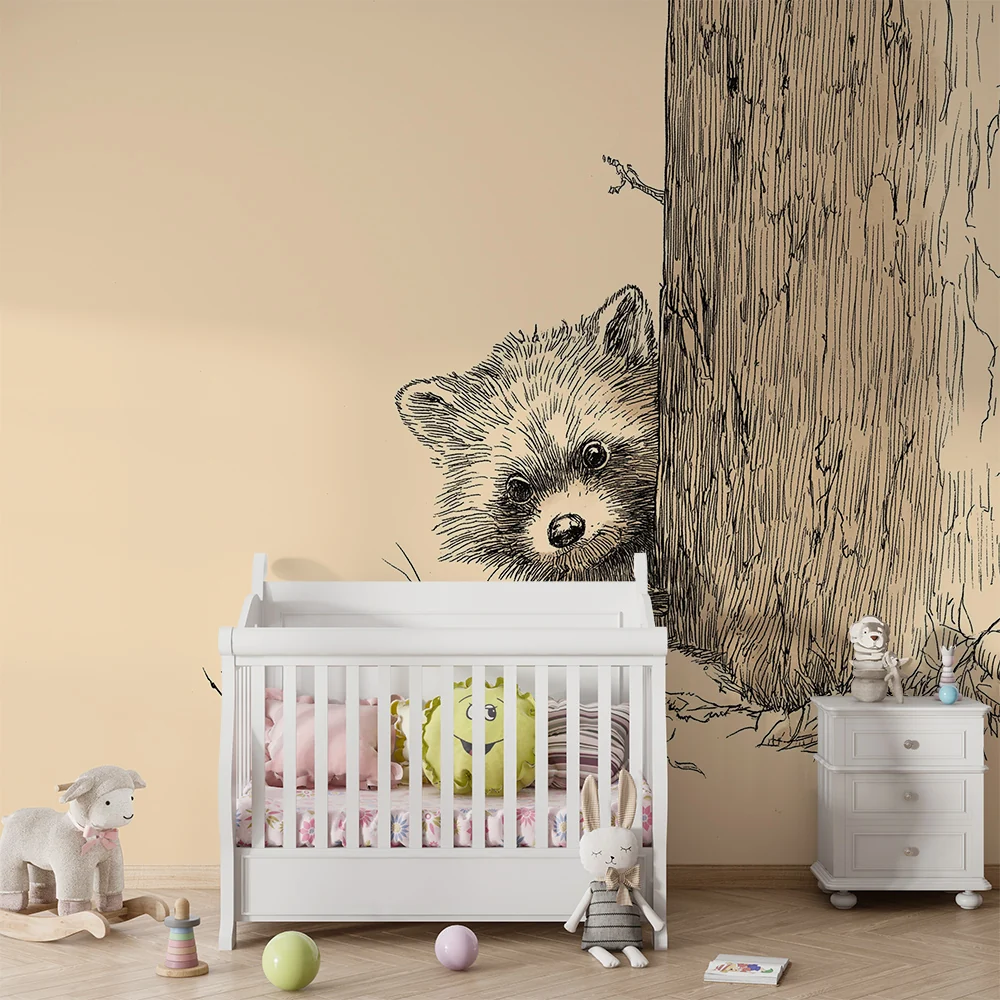 Nursery room wallpaper | Kíváncsi kis medve az egy fa mögött