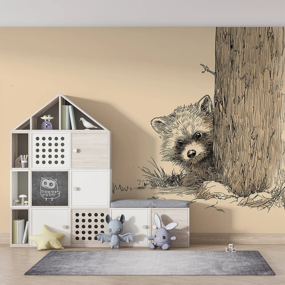 Nursery room wallpaper | Kíváncsi kis medve az egy fa mögött