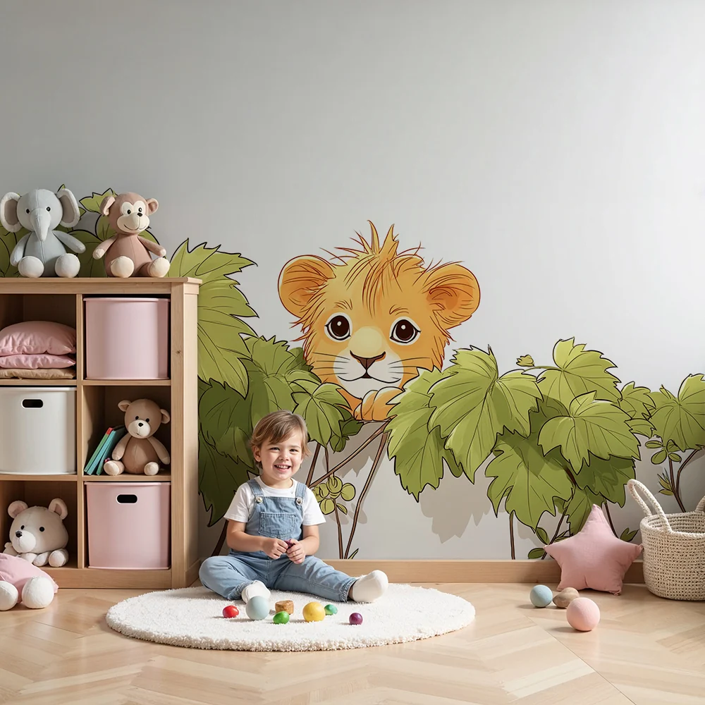 Nursery room wallpaper | Kíváncsi kis oroszlán levelek között