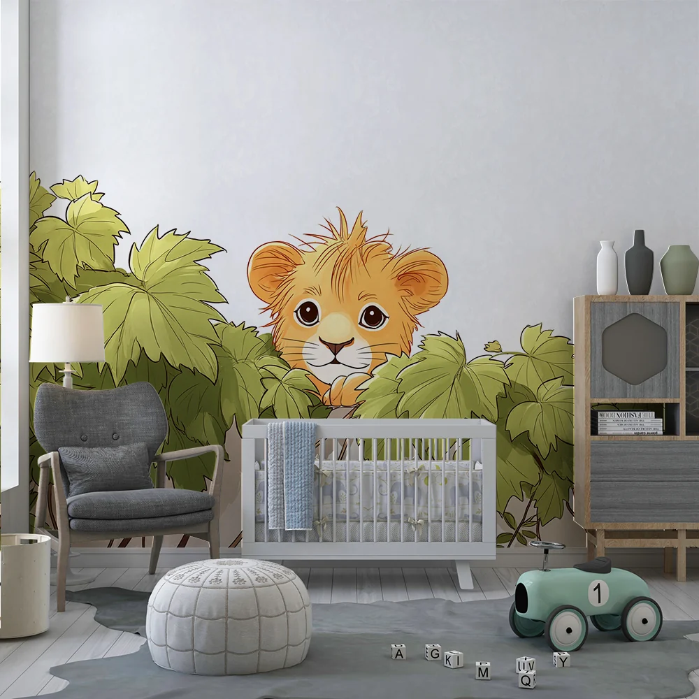 Nursery room wallpaper | Kíváncsi kis oroszlán levelek között