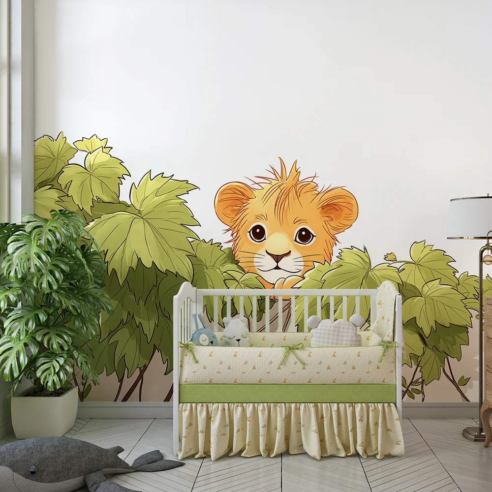 Nursery room wallpaper | Kíváncsi kis oroszlán levelek között