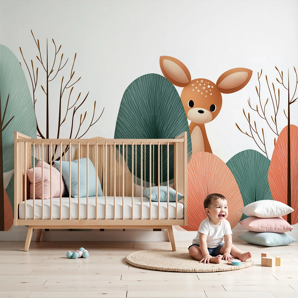 Nursery room wallpaper | Kíváncsi kis őz az színes fák között