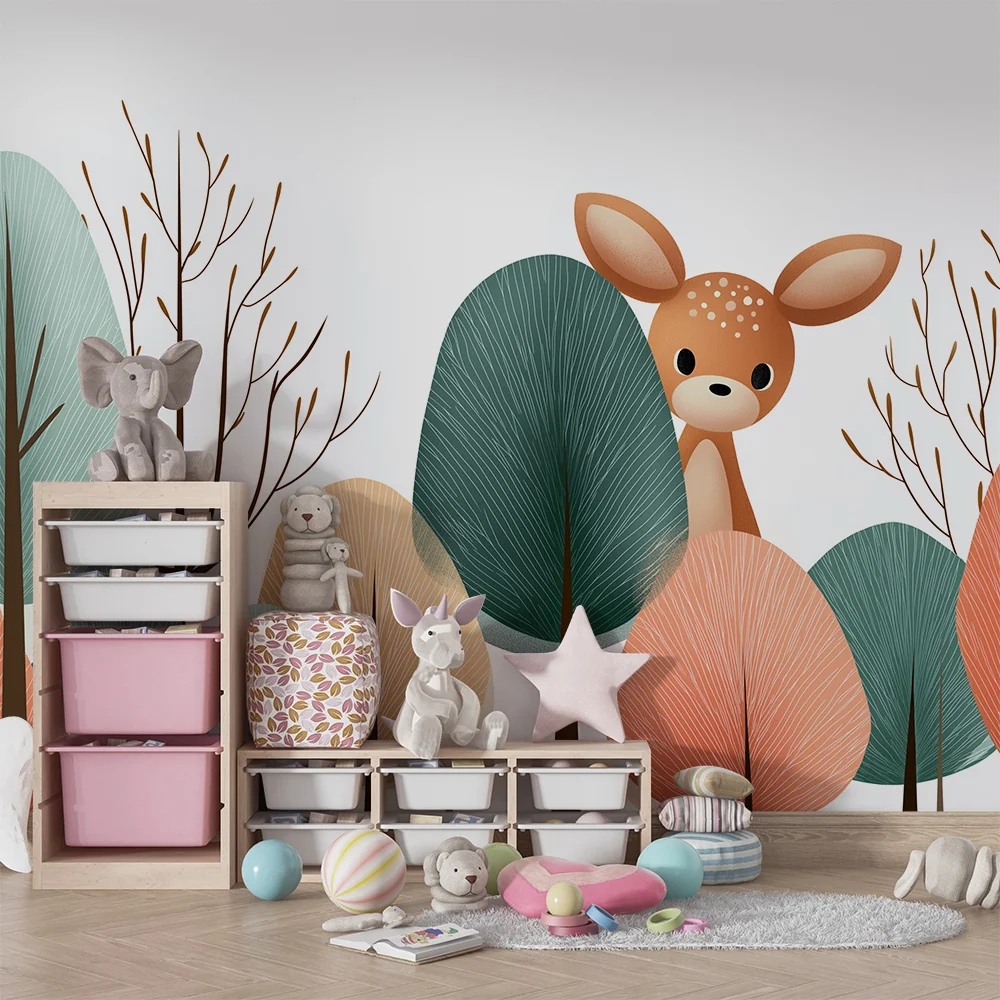 Nursery room wallpaper | Kíváncsi kis őz az színes fák között