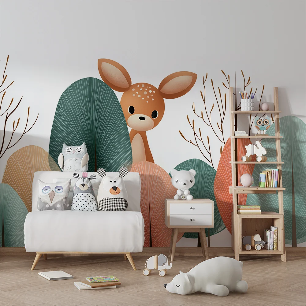 Nursery room wallpaper | Kíváncsi kis őz az színes fák között