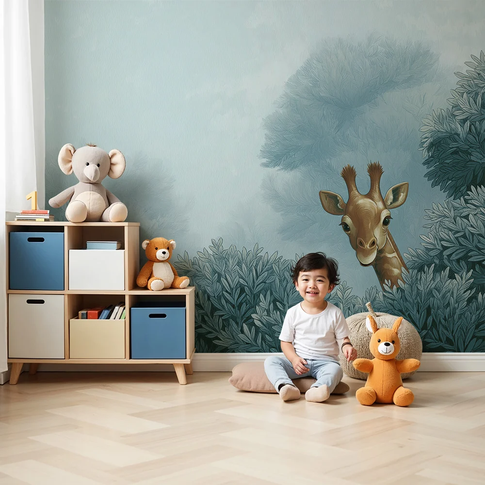 Nursery room wallpaper | Kíváncsi kis zsiráf levelek között