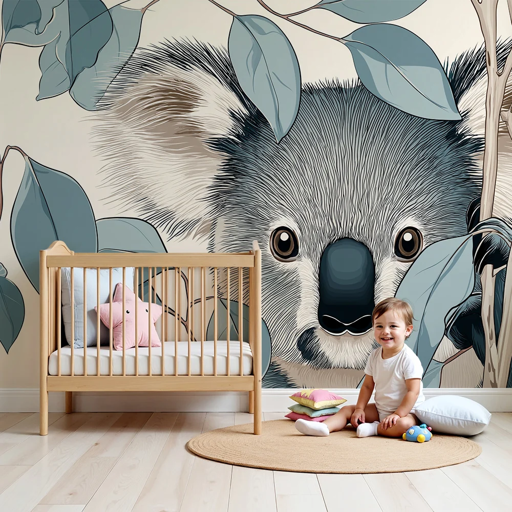 Nursery room wallpaper | Kíváncsi koala rejtve levelek között