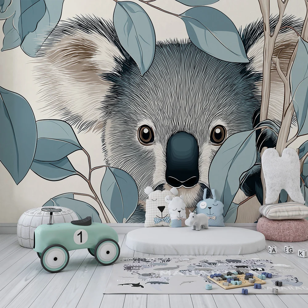 Nursery room wallpaper | Kíváncsi koala rejtve levelek között