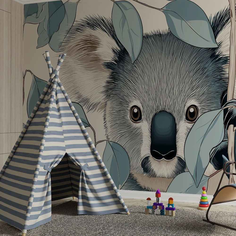 Nursery room wallpaper | Kíváncsi koala rejtve levelek között