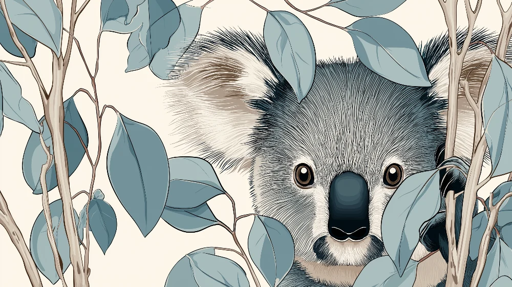 Nursery room wallpaper | Kíváncsi koala rejtve levelek között