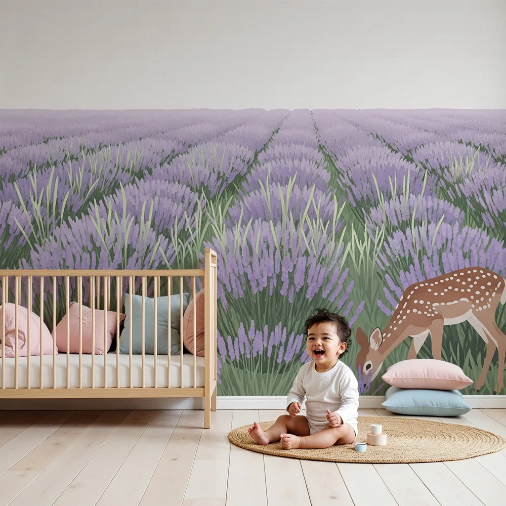 Nursery room wallpaper | Lavender field fawn