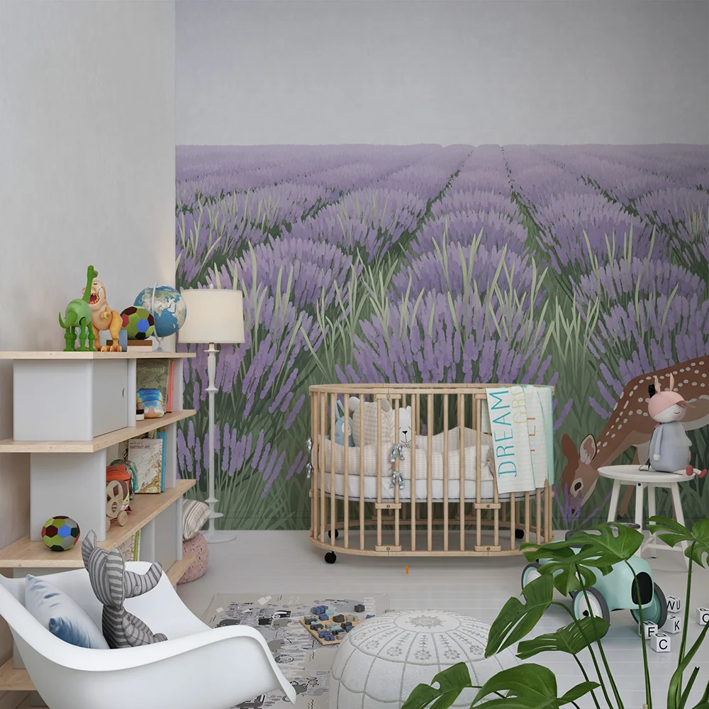 Nursery room wallpaper | Lavender field fawn