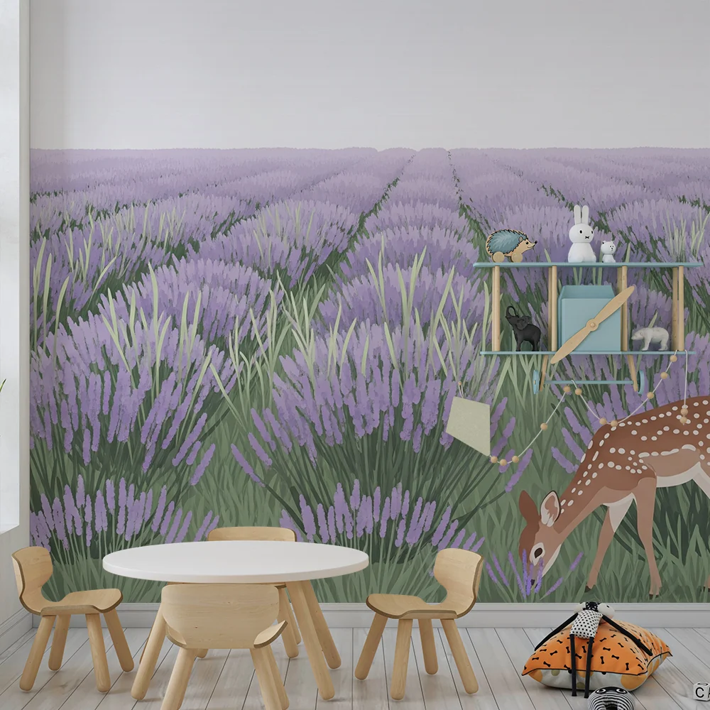 Nursery room wallpaper | Lavender field fawn