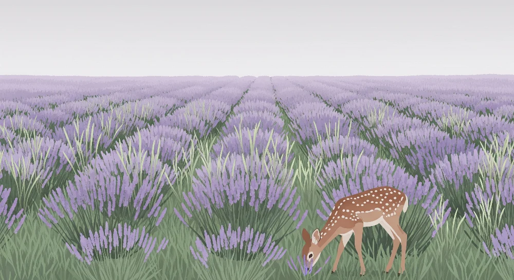 Nursery room wallpaper | Lavender field fawn