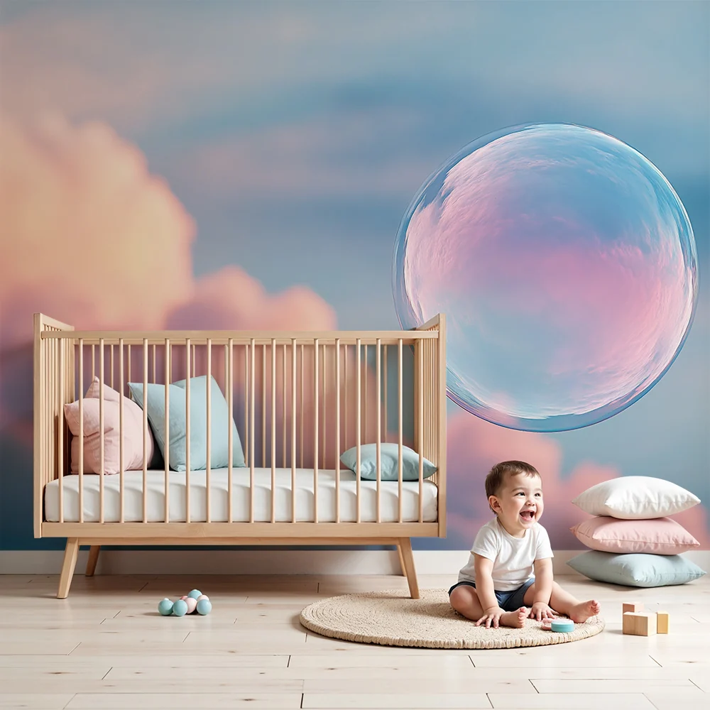 Nursery room wallpaper | Lébegő szappanbuborékok pasztell égboltban
