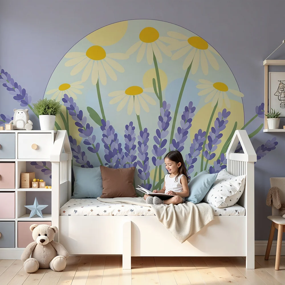 Nursery room wallpaper | Levendula és margaréta virágok lila háttéren