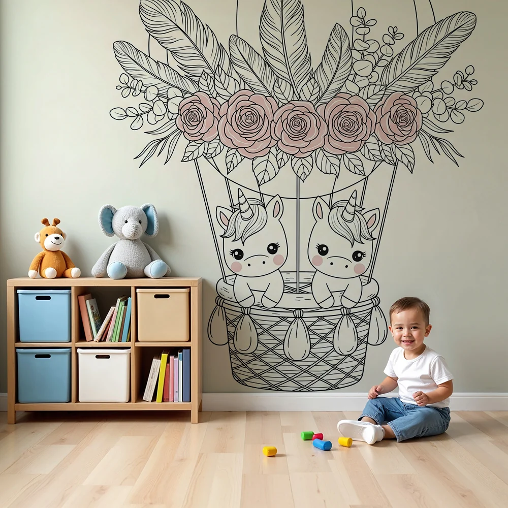 Nursery room wallpaper | Léghajó unikornisokkal és virágokkal
