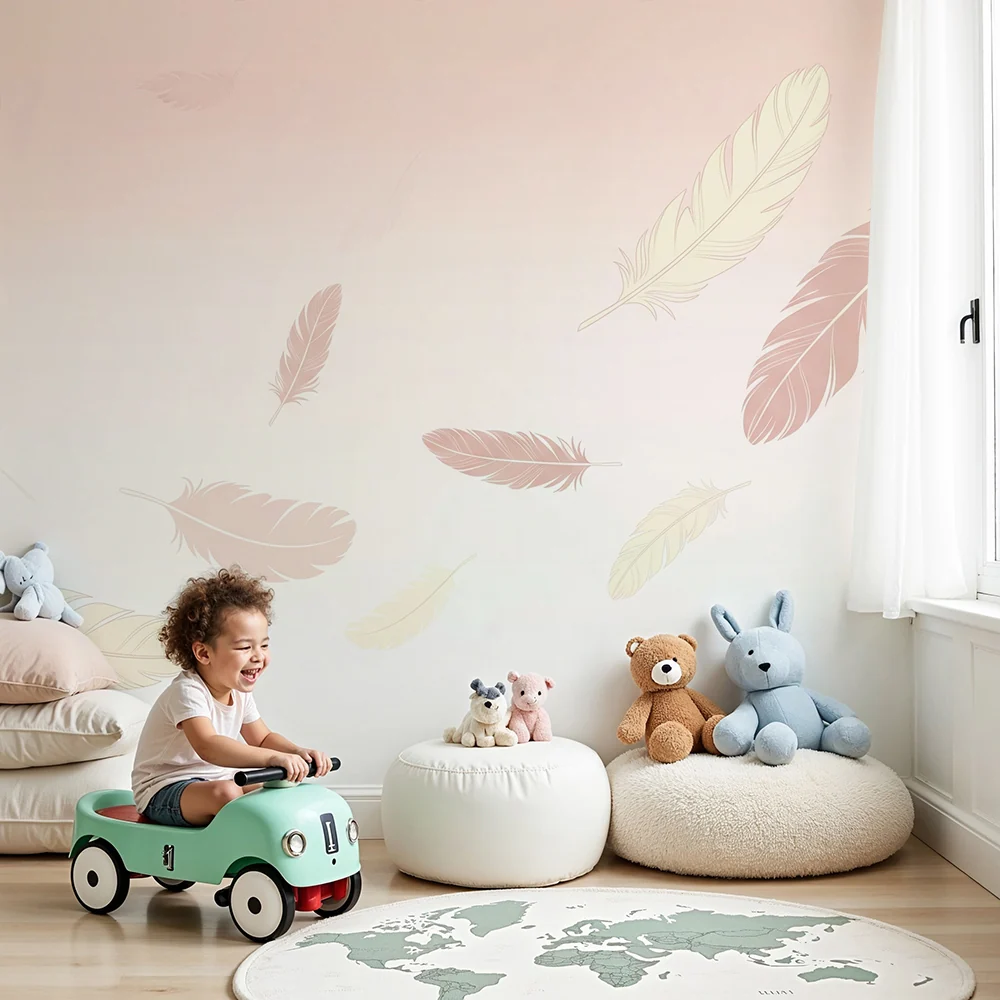 Nursery room wallpaper | Lágy pasztell háttéren finom tollak